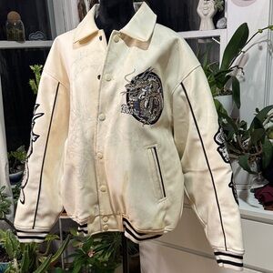 Cream Bomber Jacket with Dragon Embroidery